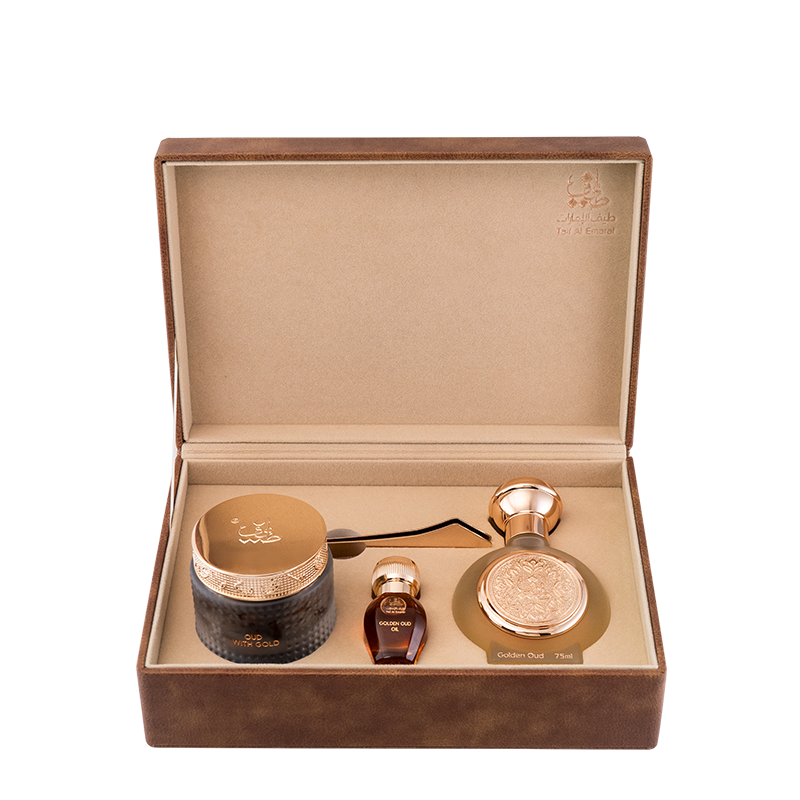 Luxury gift box holding perfume oud bakhoor and oriental oil, Golden Oud Set - luxury oud gift box uae