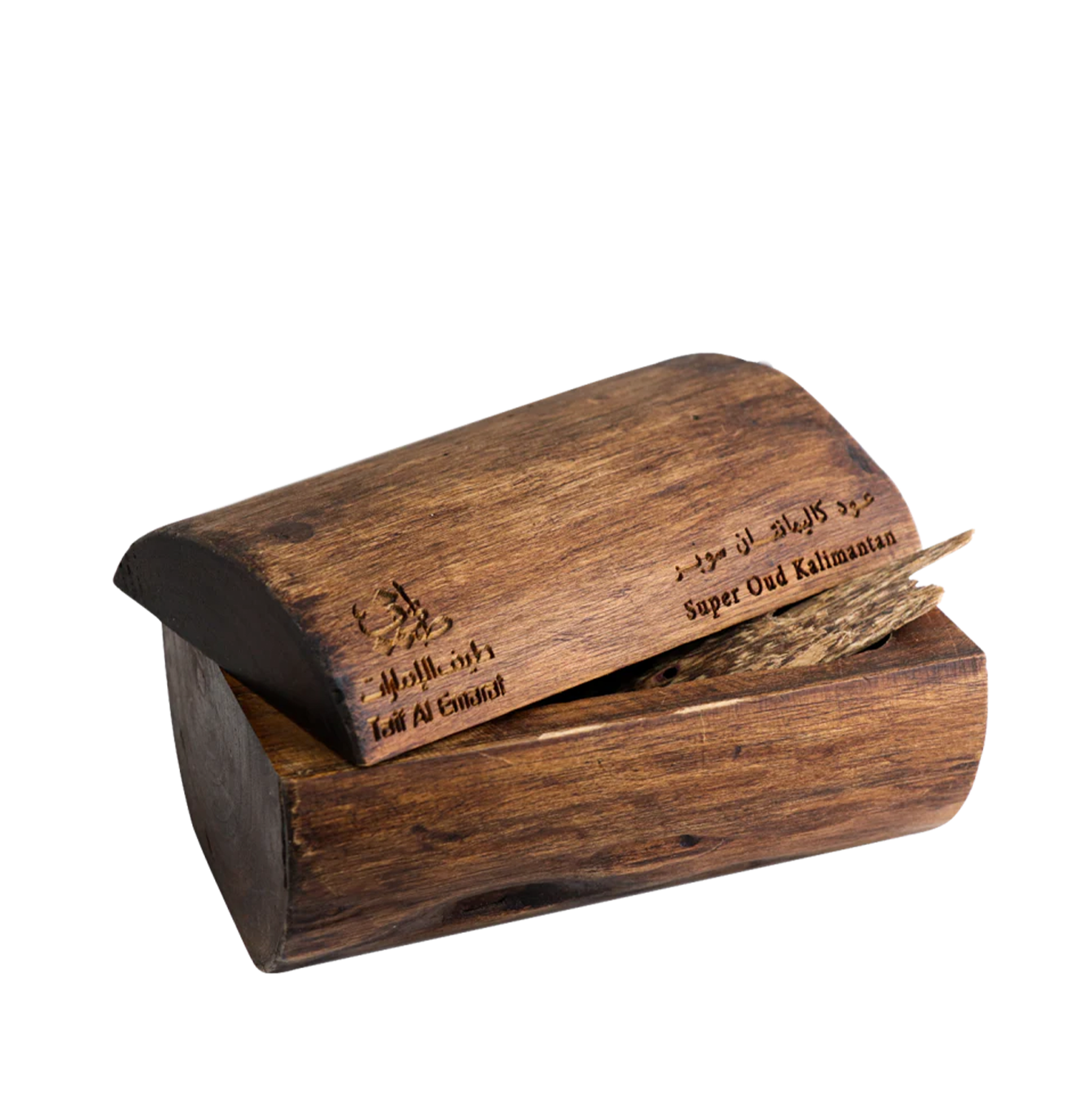 Arched wooden box slightly open, oud peeking, Super Oud Kalimantan 40g - bakhoor oudh - best fragrant oud wood chips in dubai