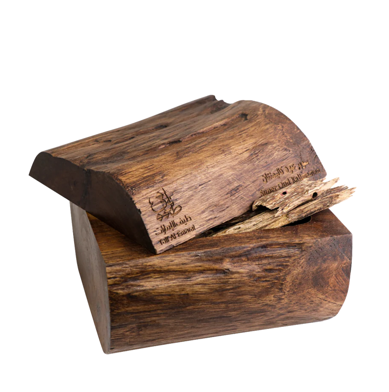 Wooden box ajar with oud pieces peeking, Super Oud Kalimantan 80g - bakhoor shop near me - high quality oud wood chips in uae