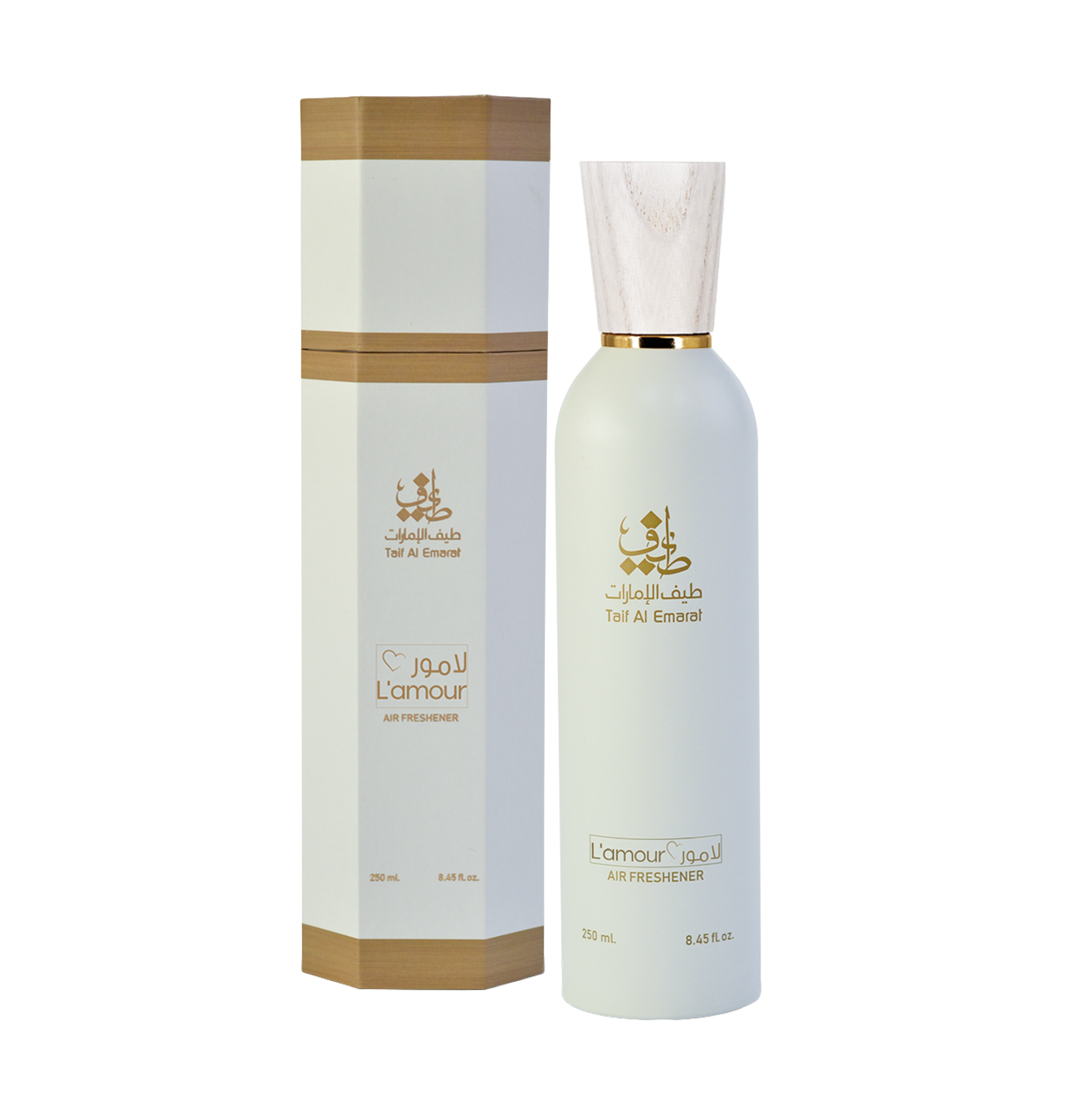 Lâ Amour air freshener bottle 250ml beside sleek box, air freshener spray