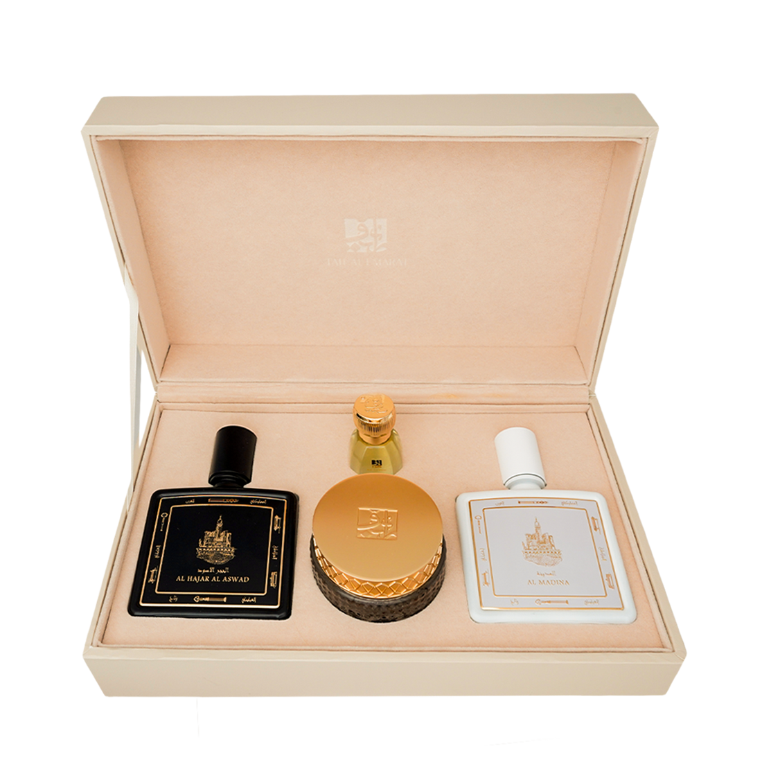 Open luxury box holding perfumes, bakhoor and oriental oil, Al Madina Box, wedding anniversary gifts for couples