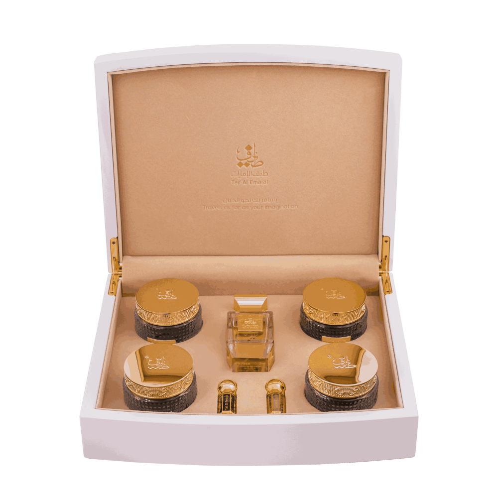Luxury gift box holding perfume, Bakhoor, and oriental oils - Majlis Violet - elegant bakhoor gift box in uae