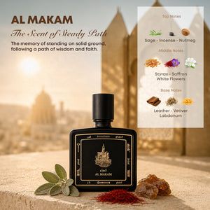 Al Makam perfume bottle 80ml with ingredients, sage, incense, nutmeg, styrax, saffron, white flowers, leather, vetiver, labdanum - long lasting leather perfume