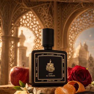 Al Yamani perfume bottle 80ml surrounded by apple, rose and orange - powerful musk and amber perfume