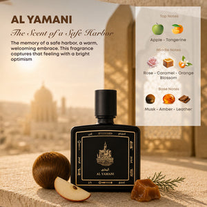 Al Yamani perfume bottle 80ml with ingredients, apple, caramel, tangerine, rose, orange, blossom, musk, amber, leather - powerful musk and amber perfume