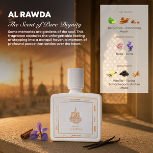 Al Rawda perfume bottle 80ml with ingredients, bergamot, cinnamon, myrrh, rose, orris, vanilla, tonka, sandalwood, amber, musk - strong amber perfume
