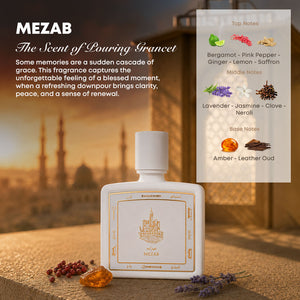 Mezab perfume bottle 80ml with ingredients, bergamot, pink pepper, ginger, lemon, saffron, lavender, jasmine, clove, neroli, amber, leather oud - powerful leather oud perfume