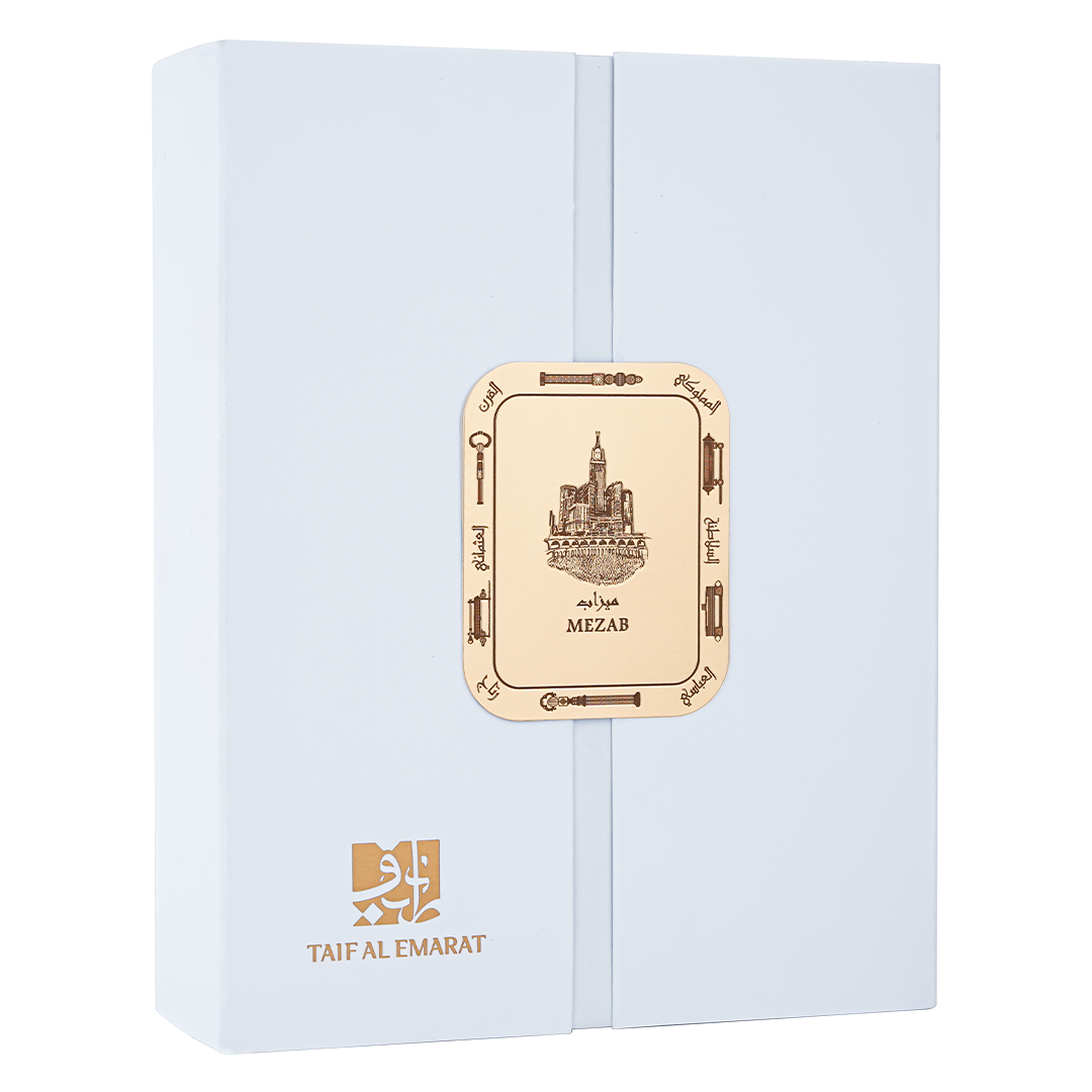 Closed white elegant perfume box with golden seal contains Mezab perfume bottle 80ml - ginger perfume