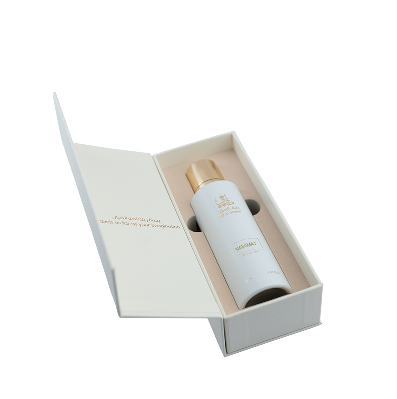 Open box cradling Nasamat body mist bottle 150ml, mist spray
