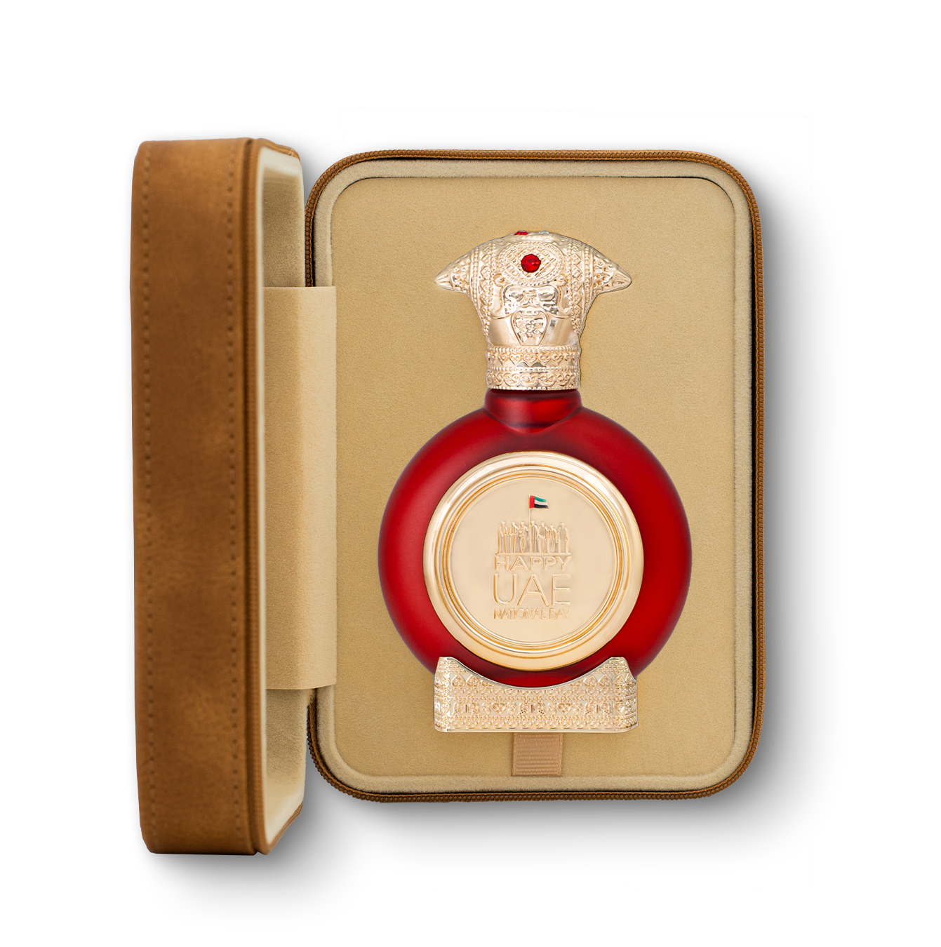 fancy leather open box in brown color contains UAE NATIONAL DAY men perfume bottle 75ml from taif al emarat perfumes - spicy fragrance