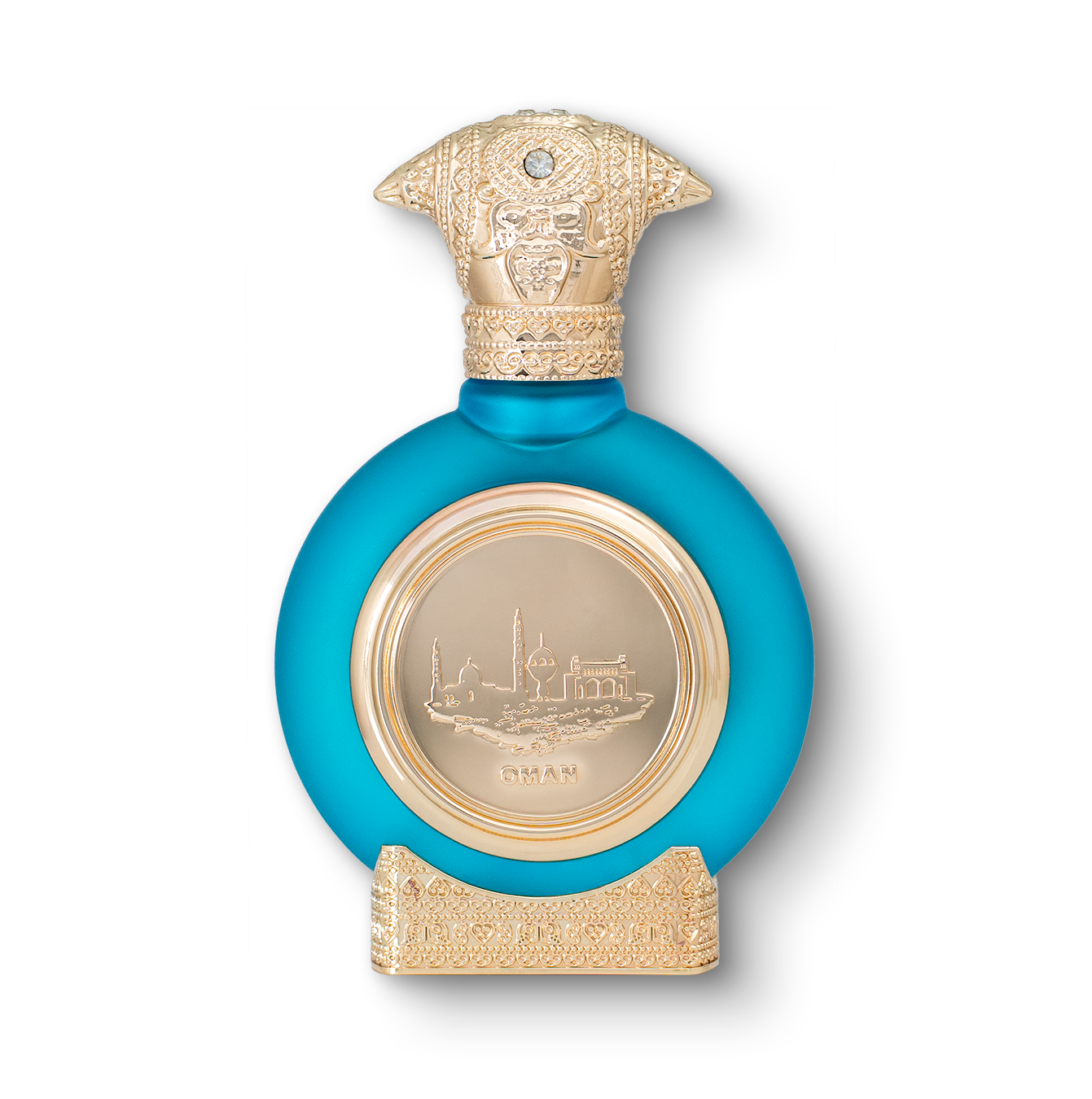Oman unisex perfume bottle 75ml - light blue fancy perfume bottle, with a luxurious golden bottom and an embossed golden cap, the center of the perfume bottle embossed with a golden portrait of Oman - premium Smoked Oud perfume