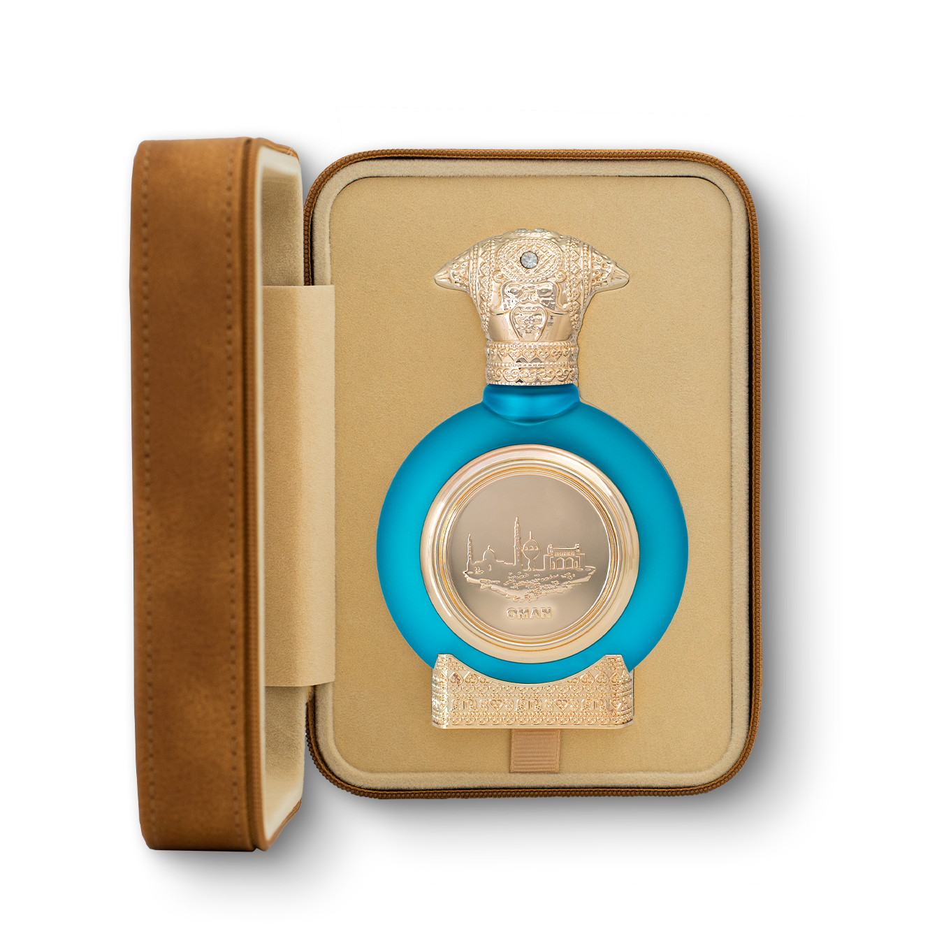 fancy leather open box in brown color contains Oman unisex perfume bottle 75ml from taif al emarat perfumes - luxury niche perfume brands