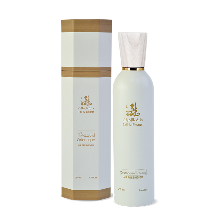 Orientique air freshener bottle 250ml beside sleek box, best air freshener dubai