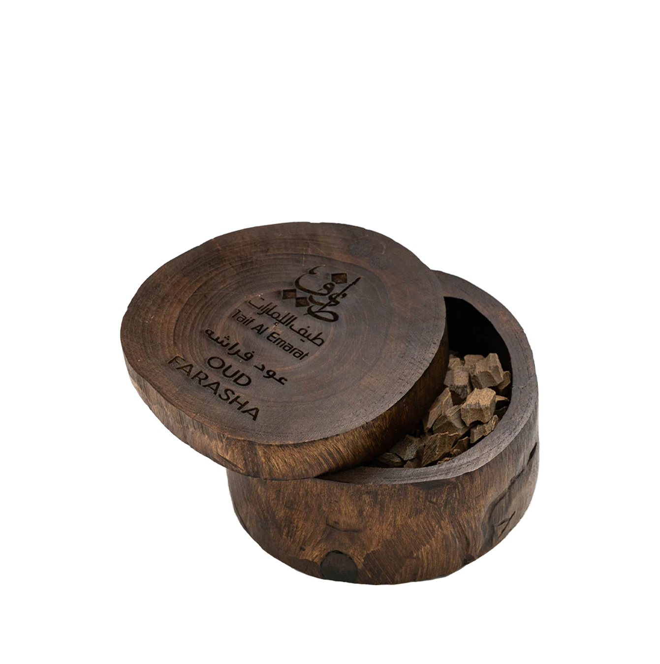 Round container open with textured oud pieces - Oud Farasha 60g - best dkhoon uae - fancy oud wood chips in dubai