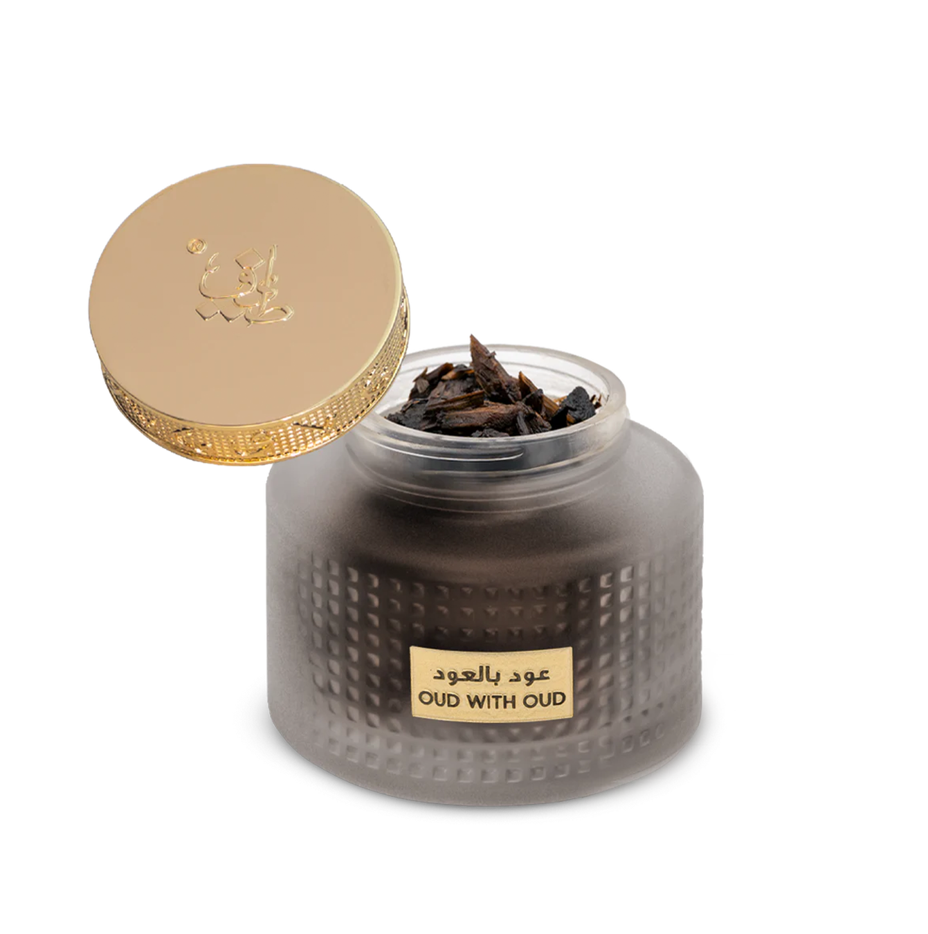 Open textured Bakhoor jar revealing dark oud wood chips, Oud With Oud 60g - best agarwood store