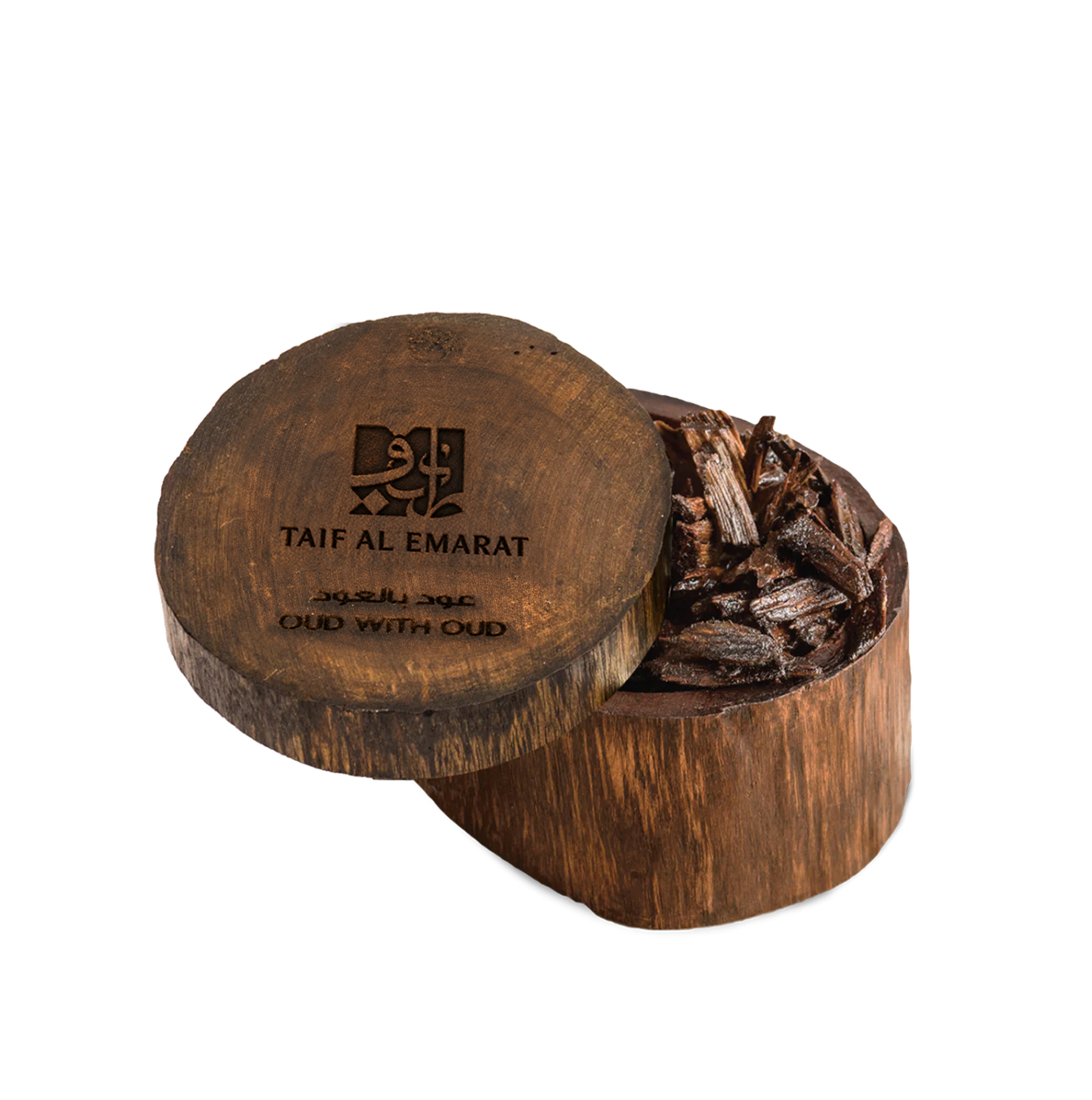 Oval wooden container open with oud chips, Oud With Oud 36g, absolute agarwood