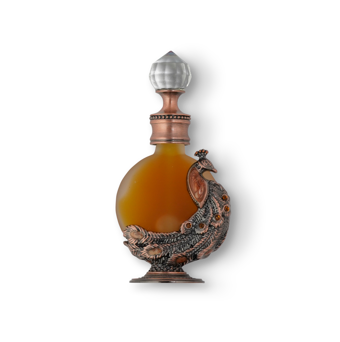 PEACOCK P001 oriental oil bottle 12ml with ornate metal peacock - top Arabian musk fragrance oil