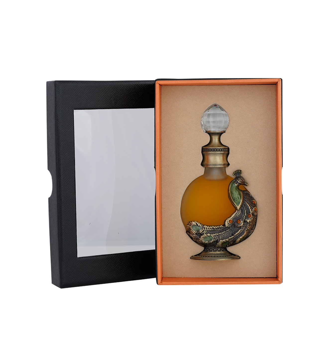 PEACOCK P002 oriental oil bottle 12ml resting in open box - elegant oud oil perfume