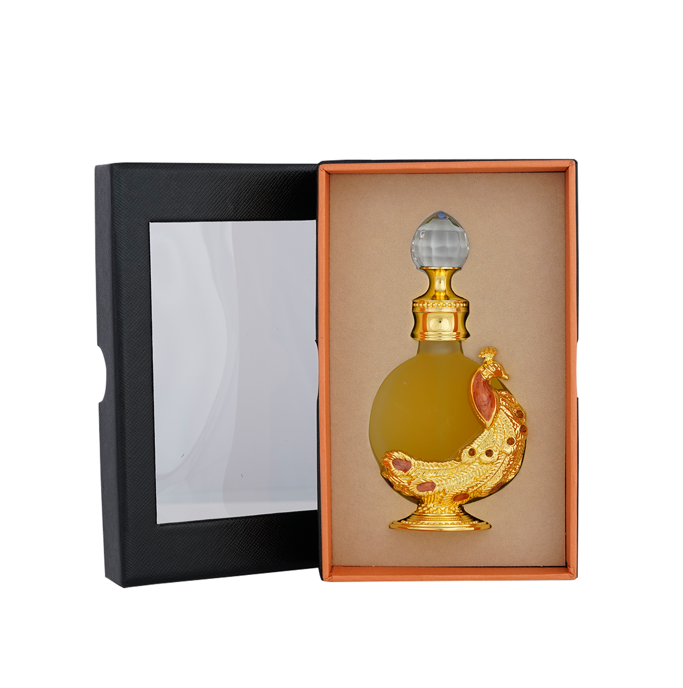 PEACOCK P003 oriental oil bottle 12ml placed in open box - luxury sandalwood oil in dubai