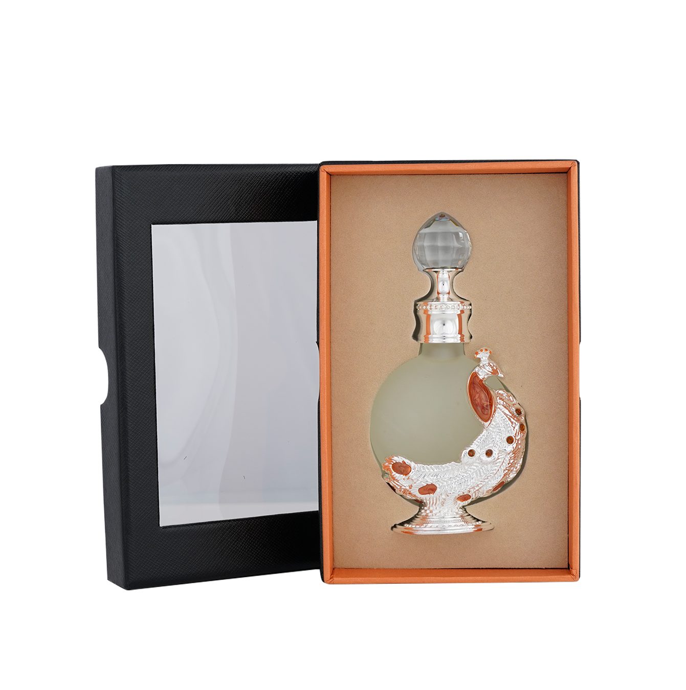 زجاجة زيت الطاووس P004 العطري 12 مل داخل علبة مفتوحة - أجود زيت المسك الأبيض العطري في الإمارات