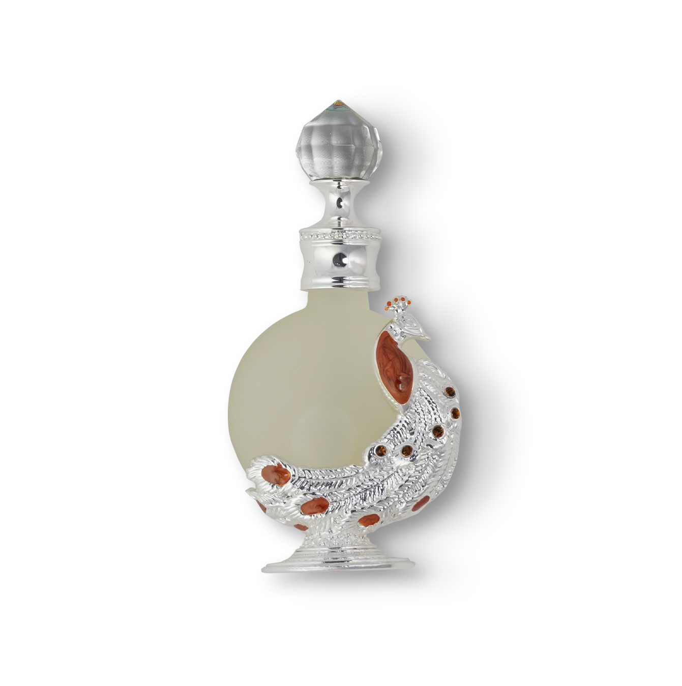 زجاجة زيت الطاووس P004 العطري 12 مل بتصميم طاووس فضي - أجود زيت المسك الأبيض العطري في العالم