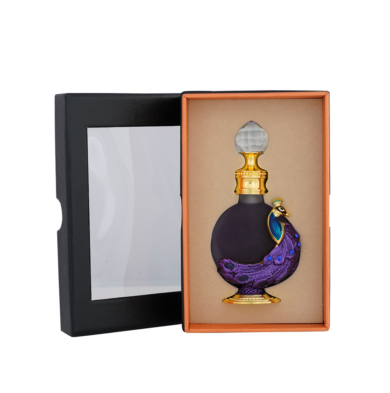 PEACOCK P007 oriental oil bottle 12ml cushioned in open elegant box - luxury vanilla fragrance oil