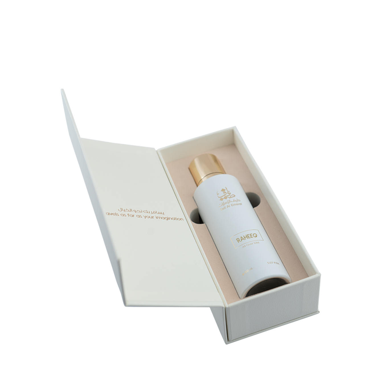 Open box cradling Raheeq body mist bottle 150ml, best body mist for men and women