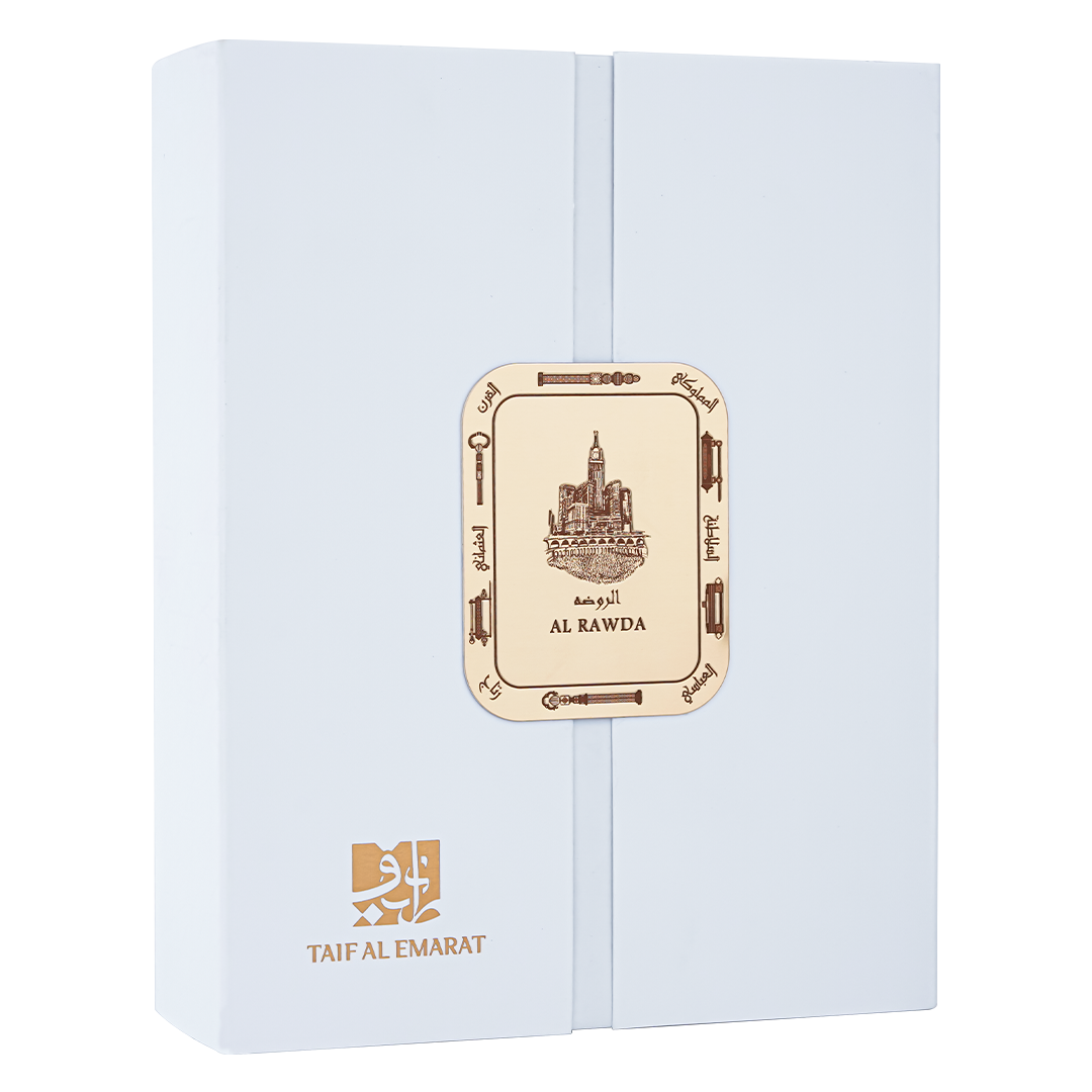 Closed white luxury perfume box featuring gold seal with a brown portrait of mecca city contains Al Rawda perfume bottle 80ml - best bergamot perfume