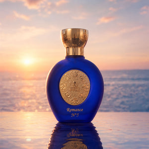 ROMANCE N°5 women's perfume bottle 75ml glowing above sunset ocean waters - top luxury perfume for women