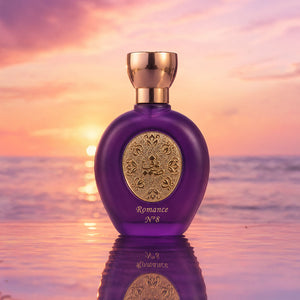 ROMANCE N°8 women's perfume bottle 75ml from taif al emarat perfumes glowing above sunset ocean - best perfume for women in dubai