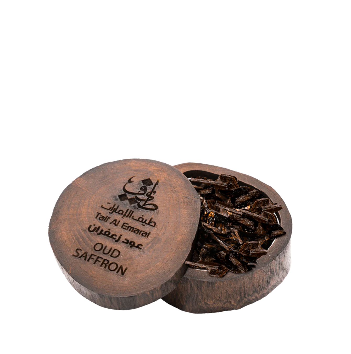 Wooden container open embossed with taif al emarat logo, filled with oud wood chips - Oud Saffron 12g - raw oud wood - best dukhoon in uae