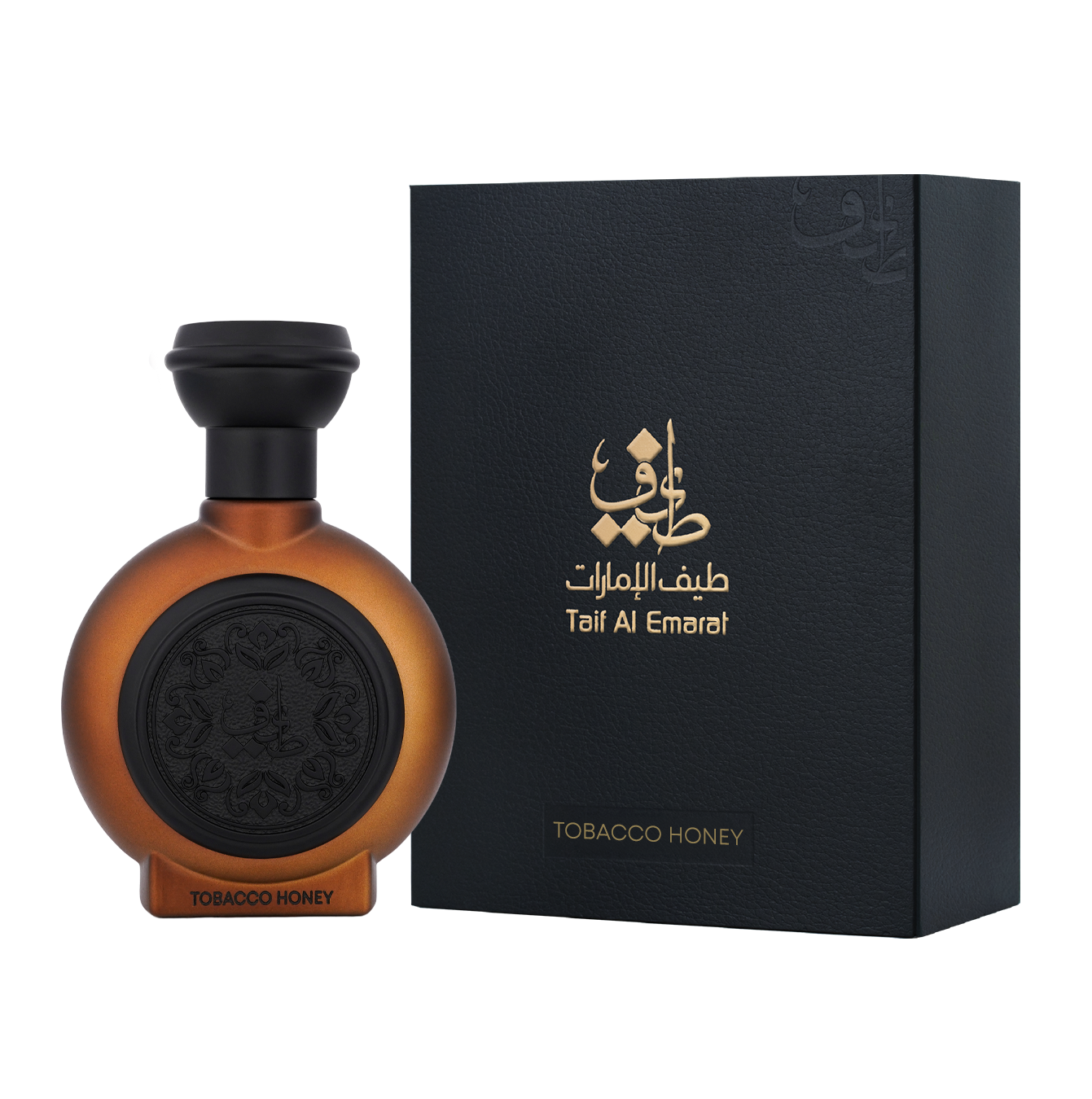 Tobacco Honey unisex perfume bottle 75ml standing beside sleek black box, tobacco fragrance