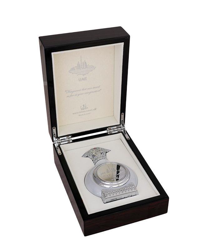 fancy dark brown open box contains UAE SILVER unisex perfume bottle 75ml from taif al emarat perfumes - taif al emarat perfumes price