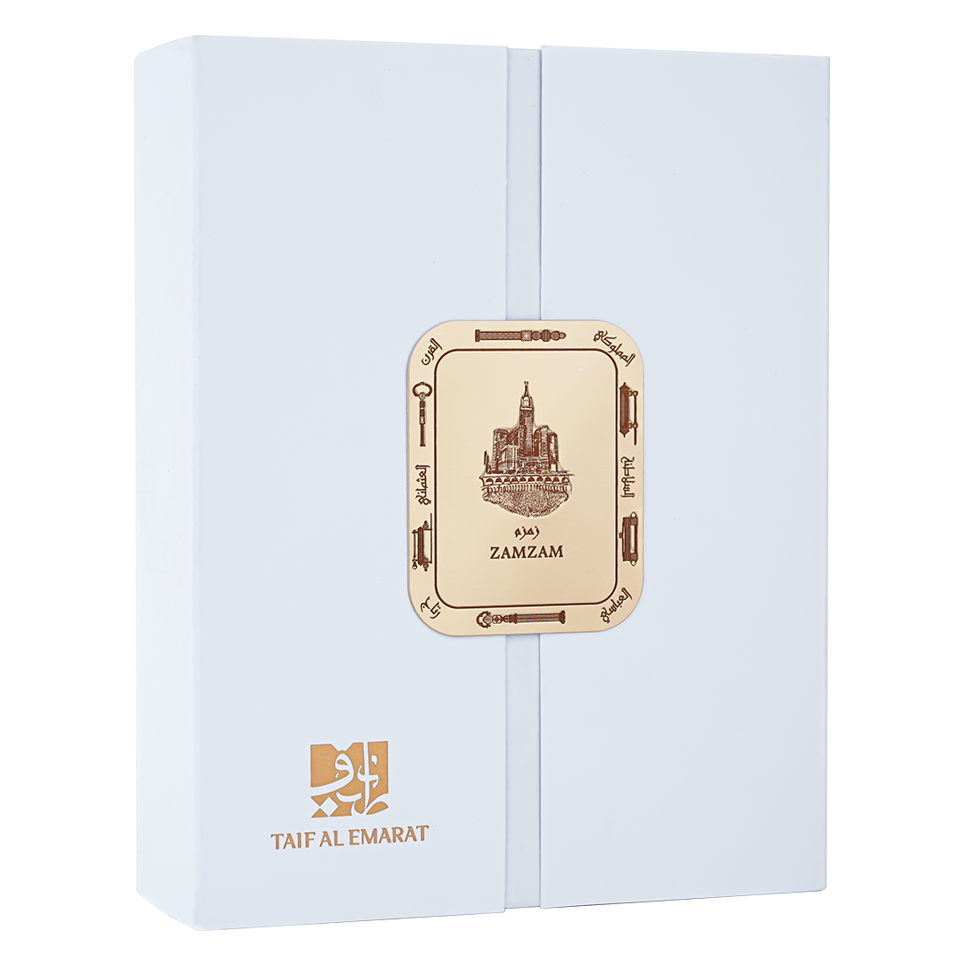 Closed white luxury perfume box featuring gold seal contains Zamzam perfume bottle 80ml - rose musk perfume