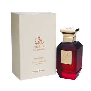 V07 unisex perfume bottle 75ml standing beside elegant cream box with taif al emarat golden logo - long lasting strawberry fragrance in dubai