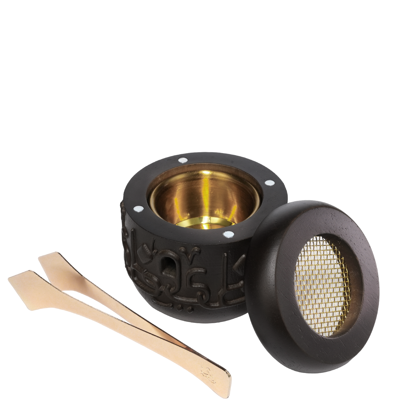 Bakhoor burner with open lid and tongs, Taif Letters Incense Burner - best bakhoor burner in dubai