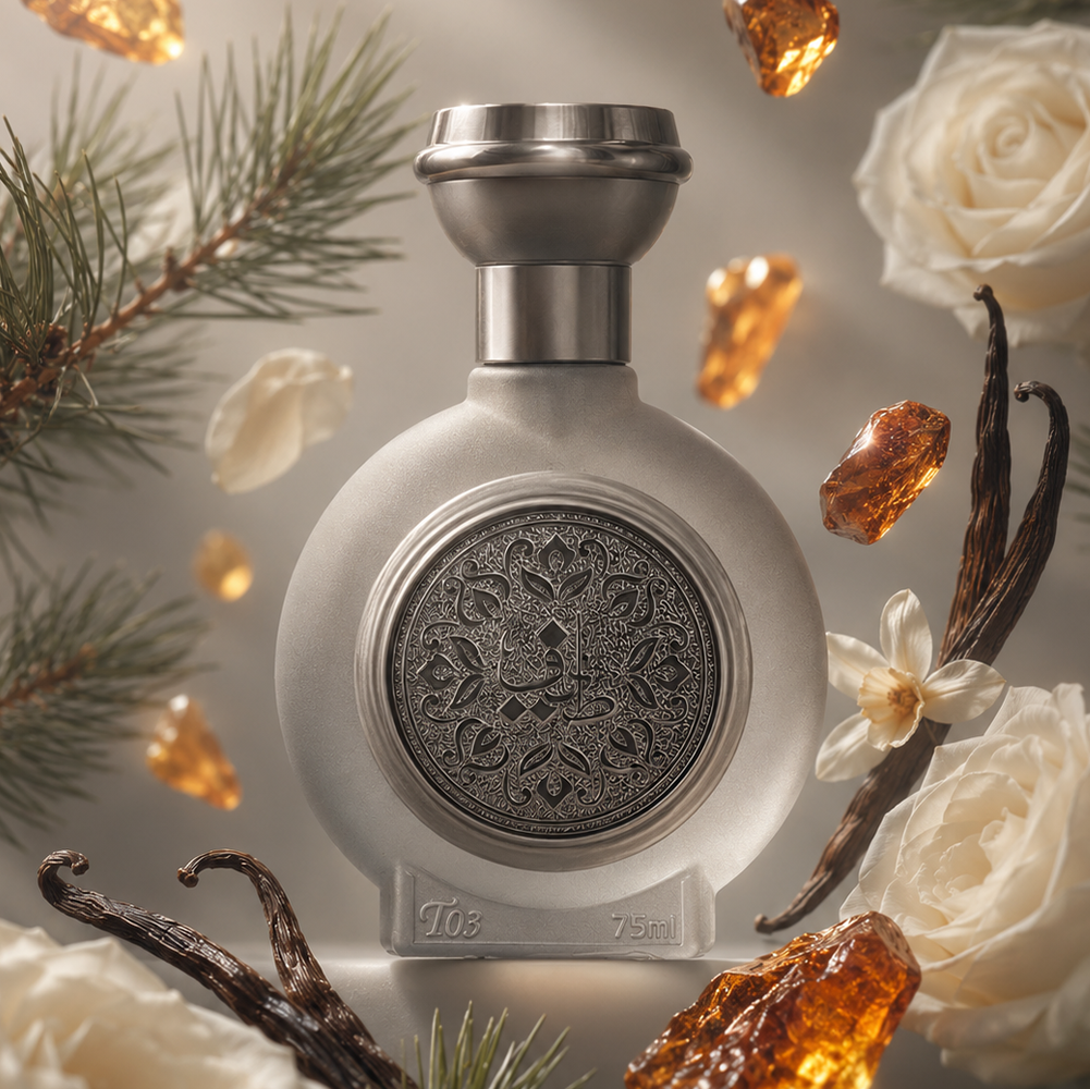 زجاجة عطر طيف 03 للرجال والنساء 75 مل محاطة بورود بيضاء، عطر عنبر