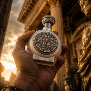 Hand holding TAIF 03 unisex perfume bottle 75ml against sunset columns, amber fragrance