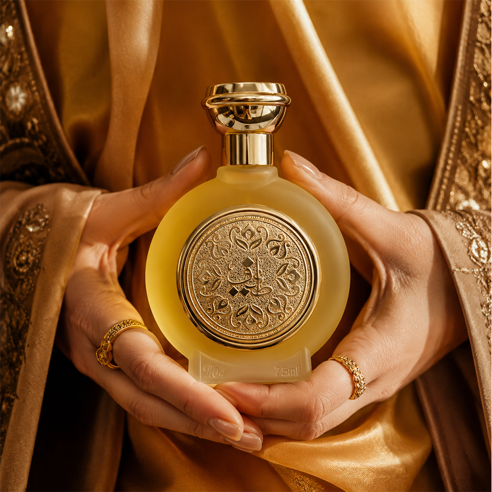 Hands in gold fabric cradling TAIF 04 unisex perfume bottle 75ml, best selling perfumes