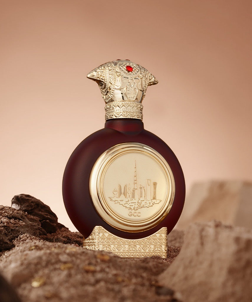Taif GCC Collection Premium Perfume Bottle With Red Gem Falcon Cap On Rocks, fragrance oil dubai 