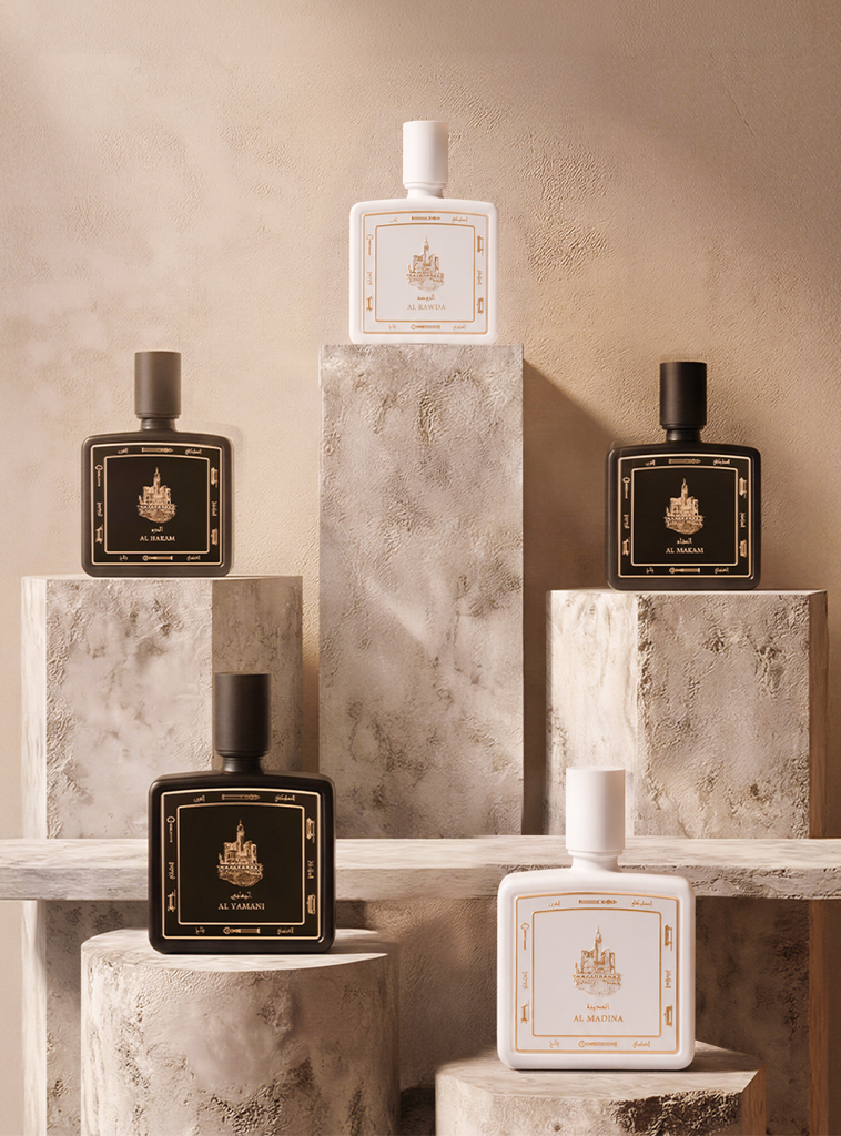 Taif Al Emarat Mecca Collections Four Perfume Bottles On Stone Pedestals, fragrance oil dubai, Sharjah UAE