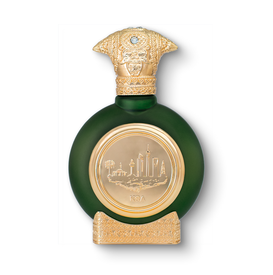 KSA unisex perfume bottle 75ml - dark green elegant perfume bottle, with a luxurious golden bottom and an embossed golden cap, the center of the perfume bottle embossed with a golden portrait of KSA - best unisex perfume