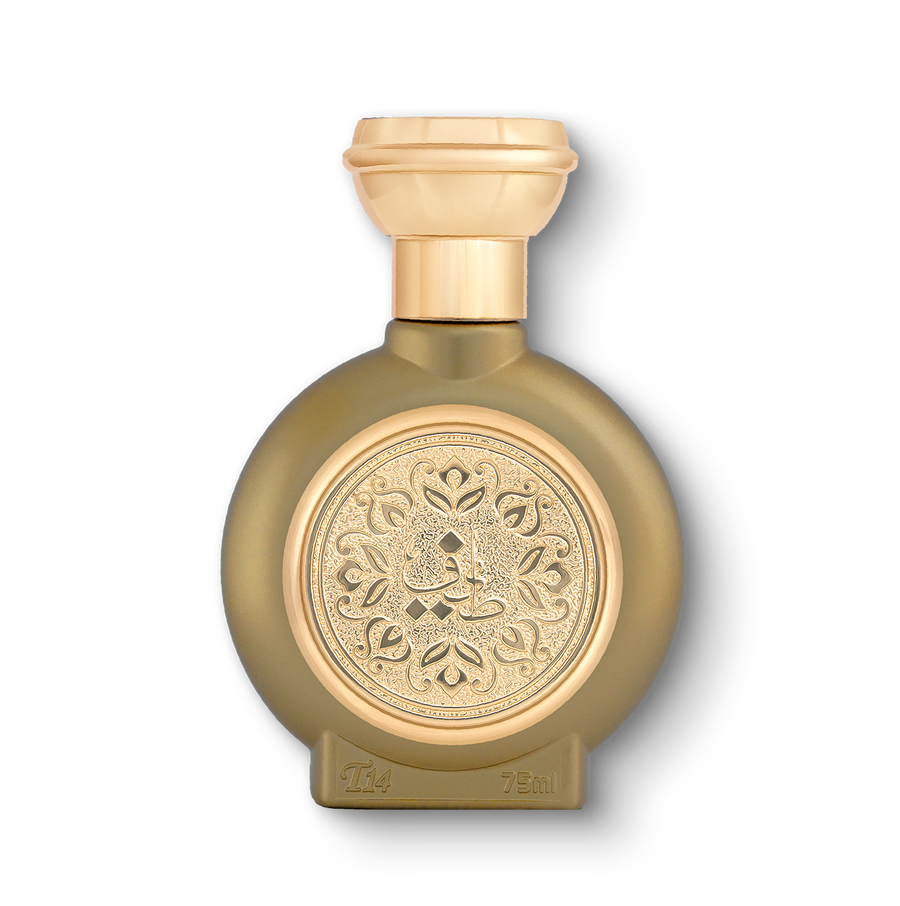 TAIF 14 unisex luxury perfume bottle 75ml - luxury light gold color bottle with golden embossed taif al emarat logo - top amberwood fragrance