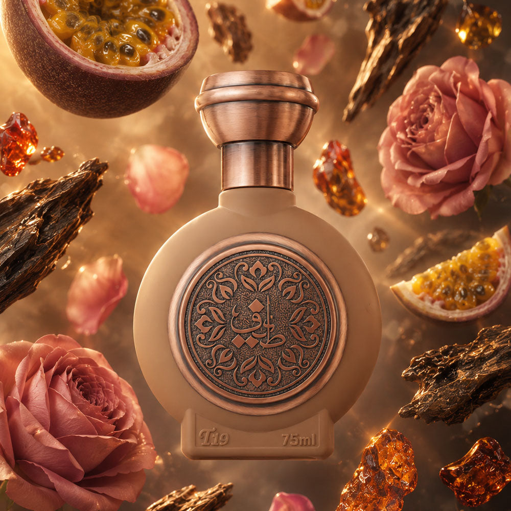 TAIF 19 unisex perfume bottle 75ml from taif al emarat perfumes, surrounded by turkish roses, passion fruit and oud - long-lasting leather perfume