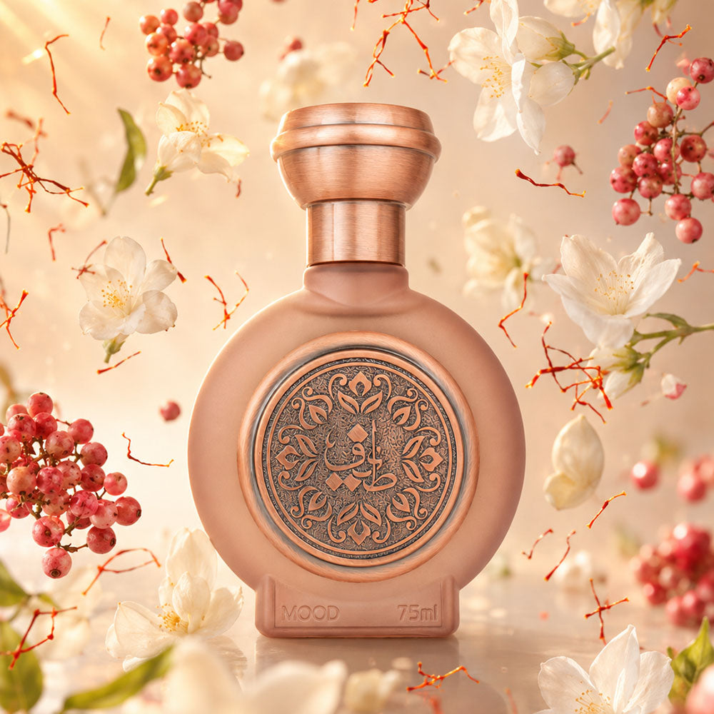 MOOD unisex perfume bottle 75ml surrounded by jasmine, vanilla perfume