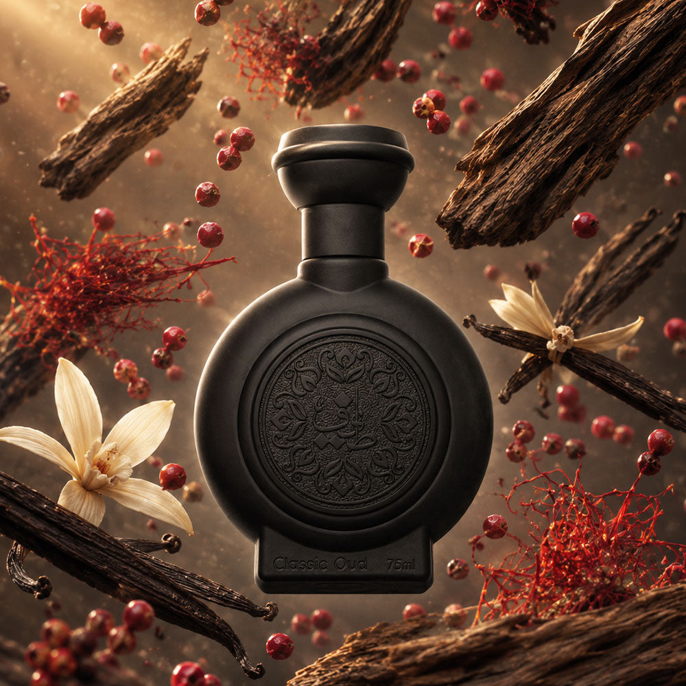 CLASSIC OUD unisex perfume bottle 75ml surrounded by spices and oud wood, oud musk perfume