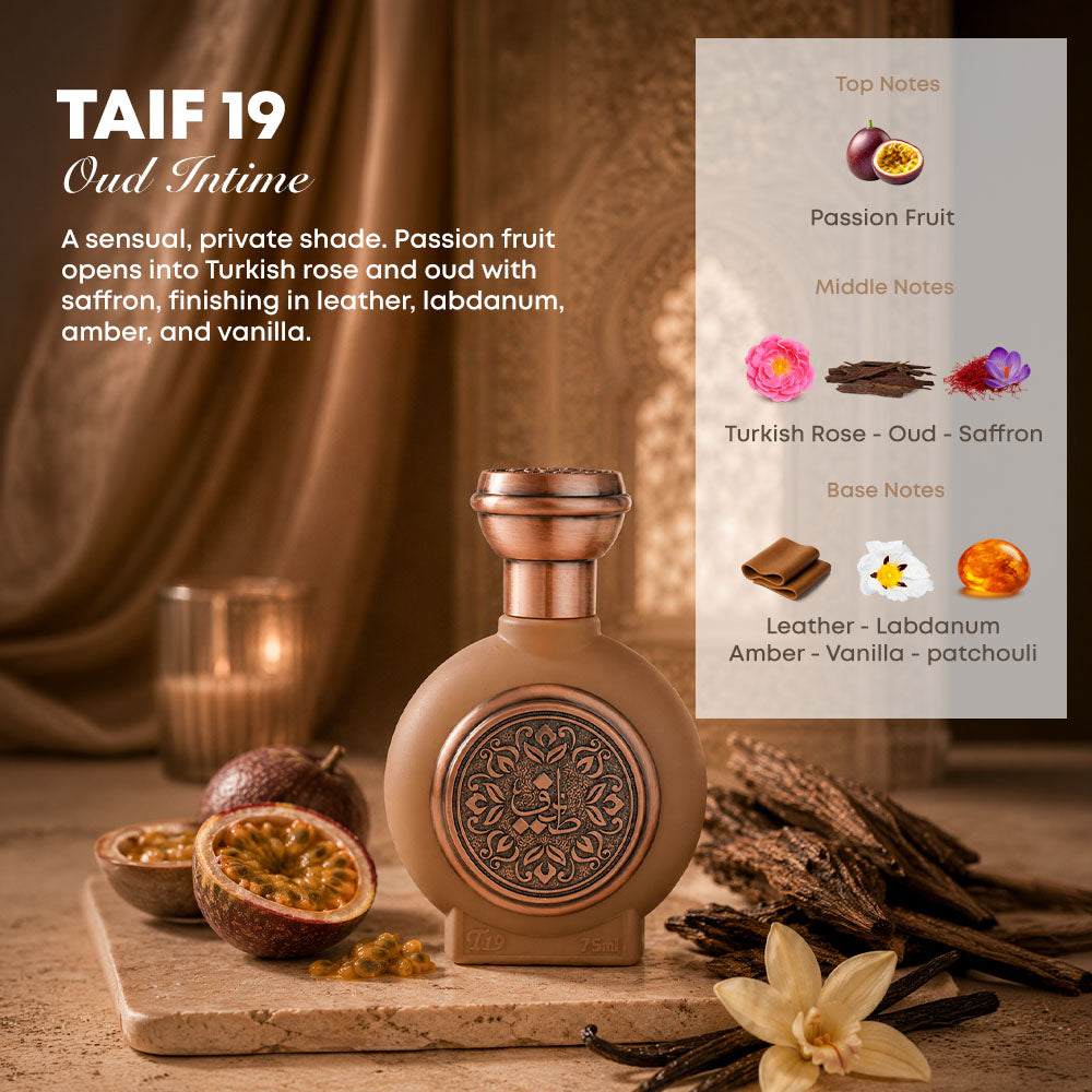 TAIF 19 unisex perfume bottle 75ml with perfume ingredients, passion fruit, turkish flower, oud, saffron, leather, labdonum ,amber, vanilla, patchouli - long-lasting leather perfume