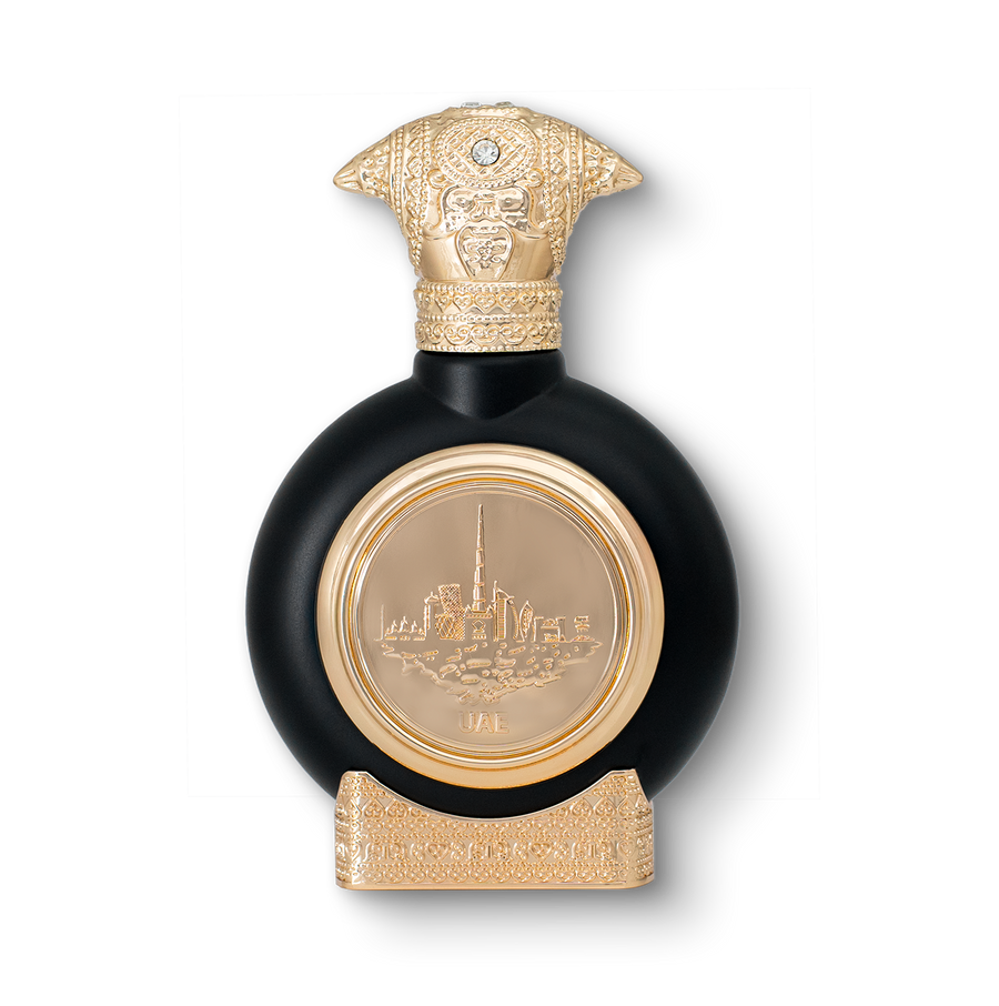 UAE OUD best men perfume bottle 75ml - luxury perfume bottle, with a luxurious golden bottom and an embossed golden cap, the center of the perfume bottle embossed with a golden portrait of uae - best oud perfume for men