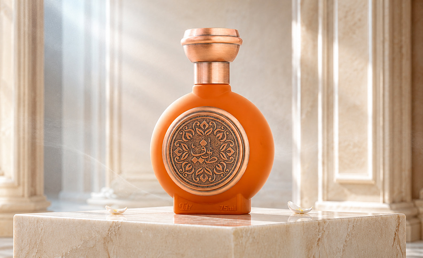 Taif Al Emarat Perfume Bottle On A Marble Pedestal With Rose Petals - Oud Emarat, Dubai UAE
