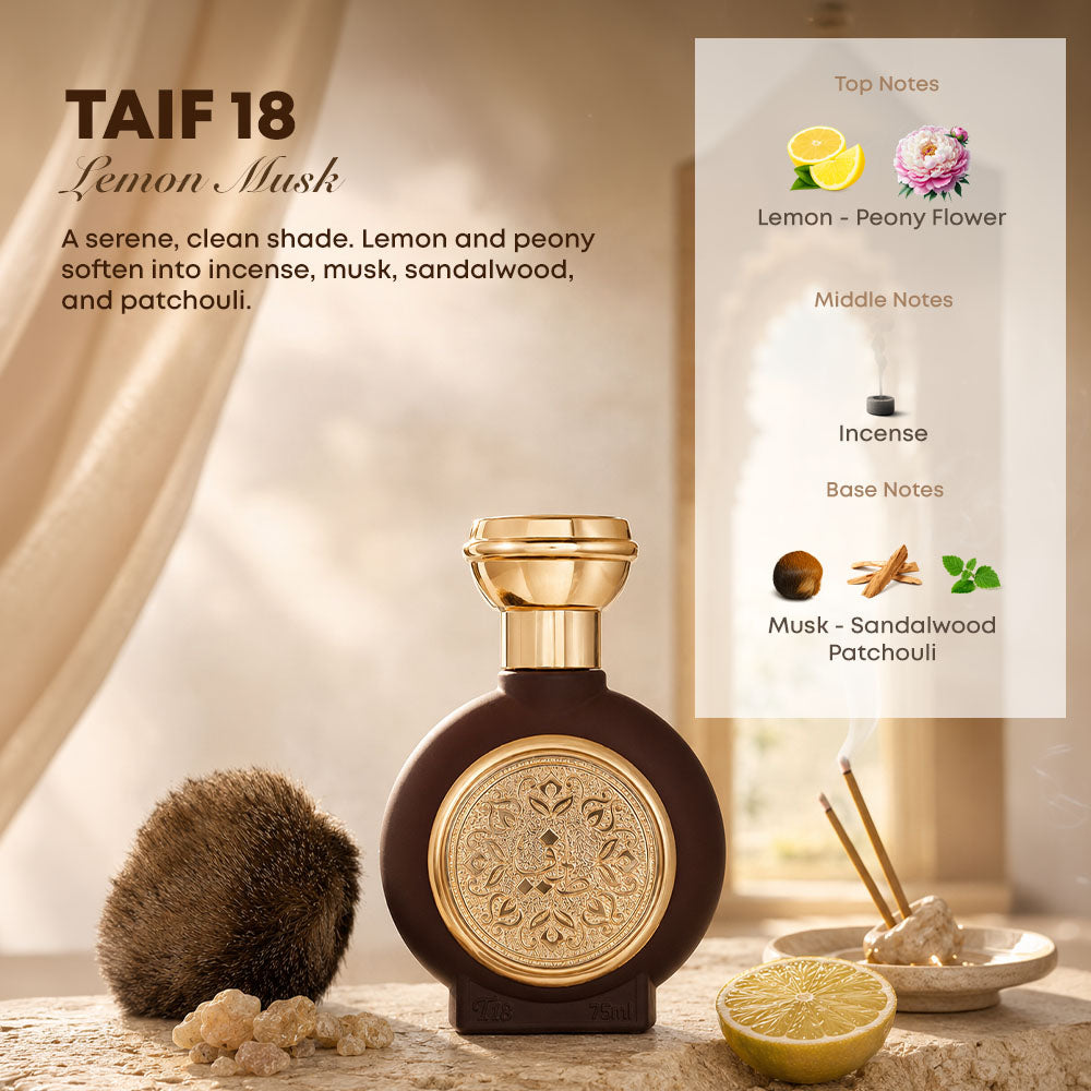 TAIF 18 unisex perfume bottle 75ml with ingredients, lemon, peony flower, musk, sandalwood, patchouli, incense and lemon - premium musk perfume